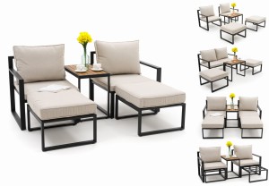 zestaw mebli ogrodowych aluminiowy ATOL 2 - beżowy z blatem w odcieniu drewna tekowego