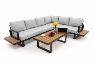 Zestaw mebli ogrodowych premium ATOL szary duży narożnik aluminiowy ze stolikiem z blatem z drewna tekowego