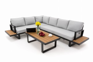 Zestaw mebli ogrodowych premium ATOL szary duży prawy narożnik aluminiowy ze stolikiem z blatem z drewna tekowego