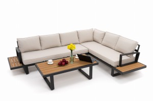 Zestaw mebli ogrodowych premium ATOL beżowy duży lewy narożnik aluminiowy ze stolikiem z blatem z drewna tekowego