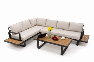 Zestaw mebli ogrodowych premium ATOL beżowy duży prawy narożnik aluminiowy ze stolikiem z blatem z drewna tekowego