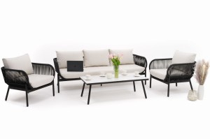 zestaw mebli ogrodowych wypoczynkowy BELIZE LUX - beżowy ze stołem z blatem HPL - CARRARA BIANCO