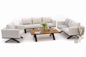 zestaw mebli ogrodowych nowoczesnych luksusowych aluminiowych - MARABELLA - beżowy z blatem z drewna tekowego