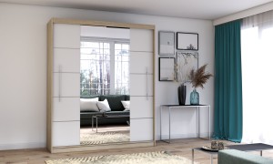 Szafa przesuwna TORINO z lustrem 203 cm sonoma fronty białe