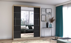 Szafa przesuwna TORINO z lustrem 203 cm sonoma fronty czarny