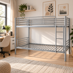 Łóżko metalowe piętrowe 90x200 SVARTA 2 srebrne loftowe