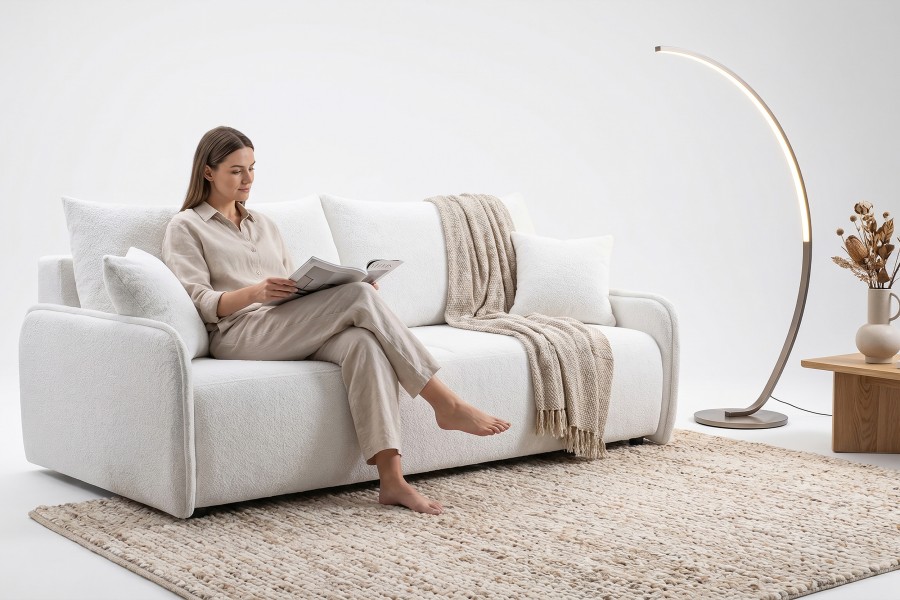 Sofa tapicerowana LINEA nowoczesna minimalistyczna skandynawska z funkcją spania z pojemnikiem