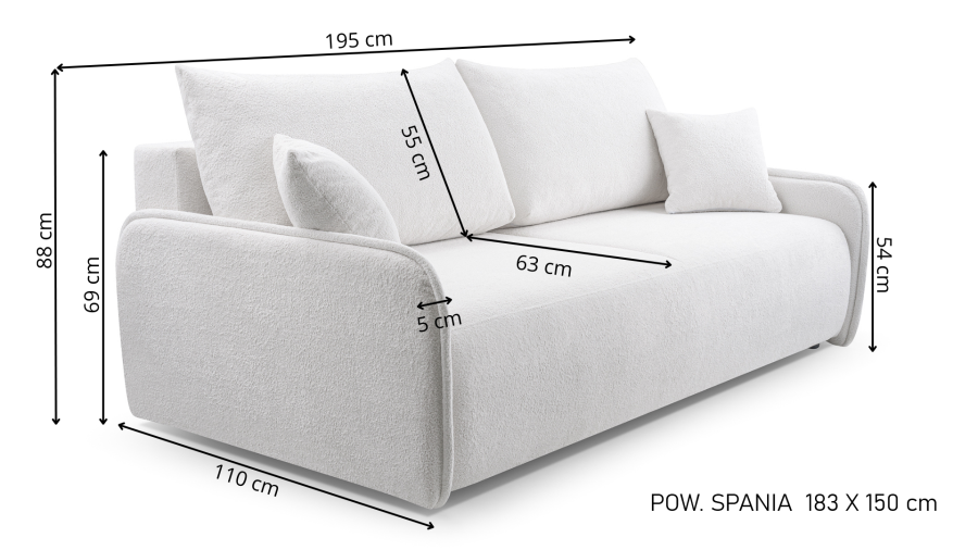 Sofa tapicerowana LINEA nowoczesna minimalistyczna skandynawska z funkcją spania z pojemnikiem