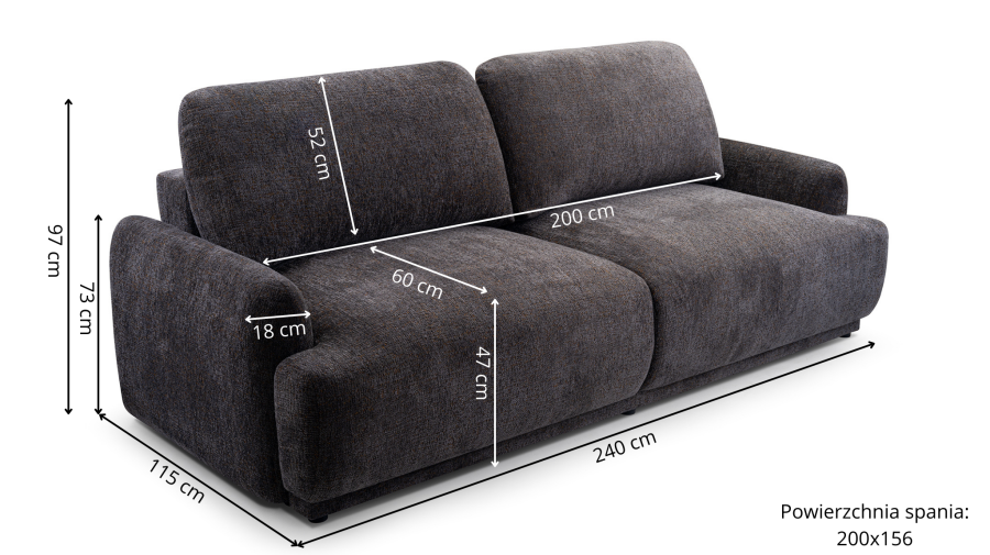 Sofa tapicerowana CARINO nowoczesna minimalistyczna soft modern z funkcją spania z pojemnikiem
