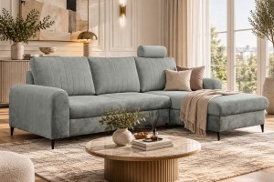 Narożnik tapicerowany MERANO nowoczesny contemporary minimalistyczny glamour z funkcją spania z pojemnikiem