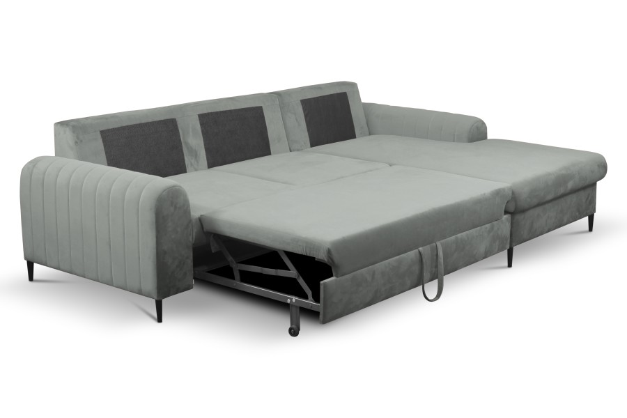 Narożnik tapicerowany MERANO nowoczesny contemporary minimalistyczny glamour z funkcją spania z pojemnikiem