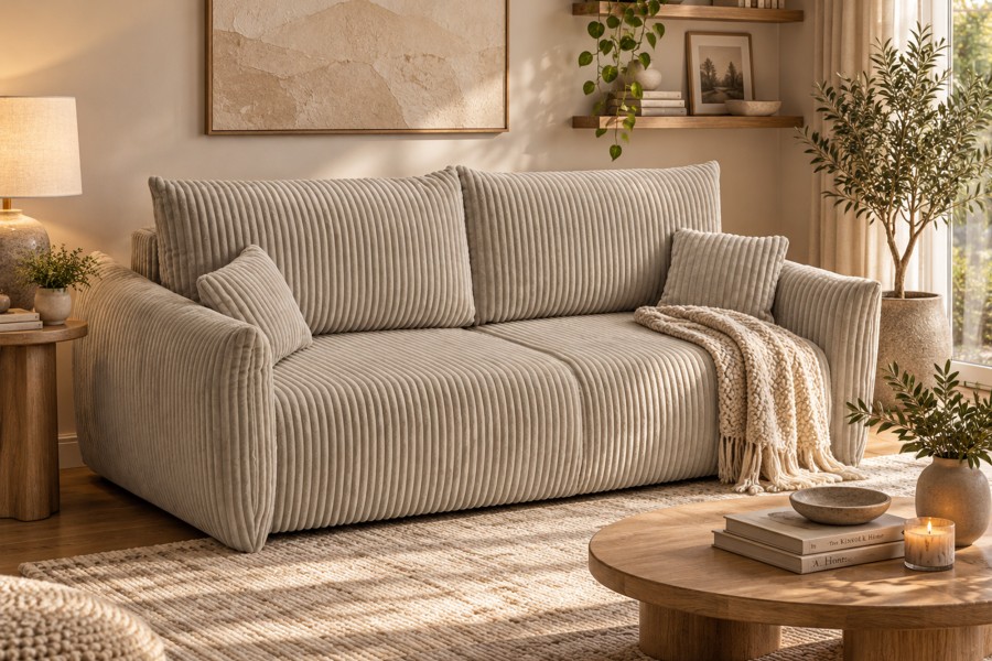 Sofa tapicerowana ALLORA nowoczesna minimalistyczna skandynawska z funkcją spania z pojemnikiem