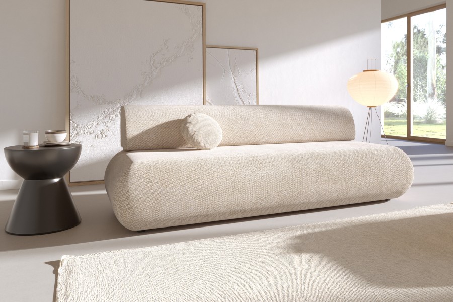 Sofa tapicerowana PUENTE nowoczesna minimalistyczna organiczna japandi z funkcją spania z pojemnikiem