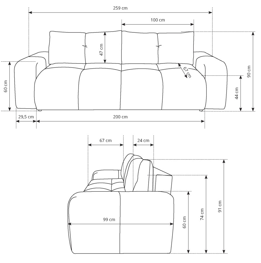 Sofa tapicerowana SOHO nowoczesna minimalistyczna skandynawska z funkcją spania z pojemnikiem