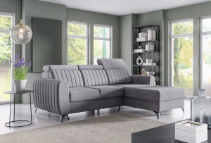 Narożnik tapicerowany VIGO szary z funkcją spania z pojemnikiem i regulowanym zagłówkiem