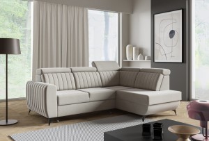 Narożnik tapicerowany VIGO DUO beżowy z funkcją spania 2-osobowy z pojemnikiem i regulowanymi zagłówkami