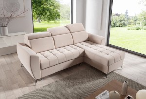 Narożnik z funkcją spania TOLEDO beżowy nowoczesny z poduszkami i pojemnikiem na pościel